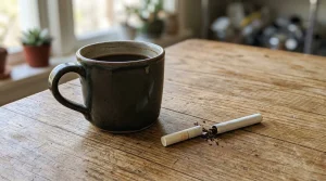 Zlomená cigareta na dřevěném stole vedle hrnku kávy jako symbol rozhodnutí přestat kouřit