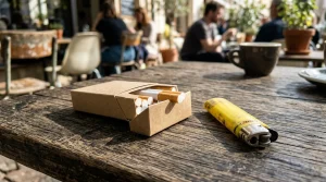 Krabička cigaret Sparta na stole v kavárně s aktuálním přehledem cen 2025