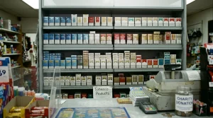 Výloha a regál s nabídkou různých značek cigaret v prodejně tabáku v ČR