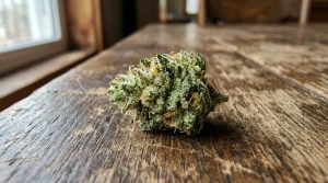 Detailní pohled na konopný květ s vysokým obsahem THC Delta 9 a pryskyřičnými trichomy