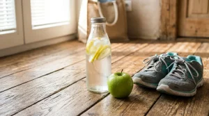 Láhev s vodou a citronem, zelené jablko a tenisky jako symbol zdravého životního stylu a fází detoxikace